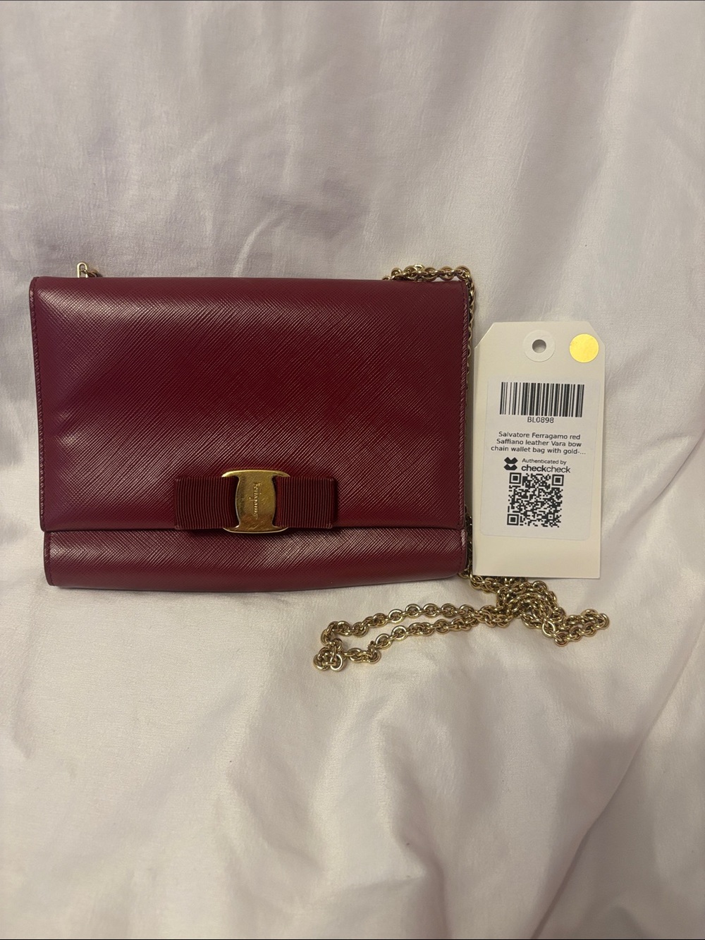Salvatore Ferragamo Burgundy Vara Bow Chain Crossbody Bag with COA